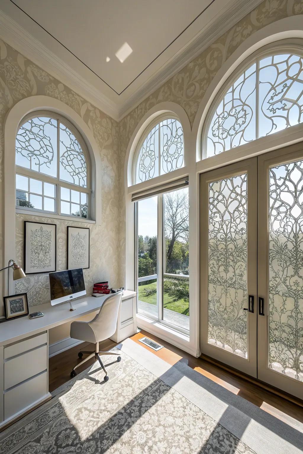 A contemporary domicile showcases decorative laminate on arched windows, providing a chic and practical solution.