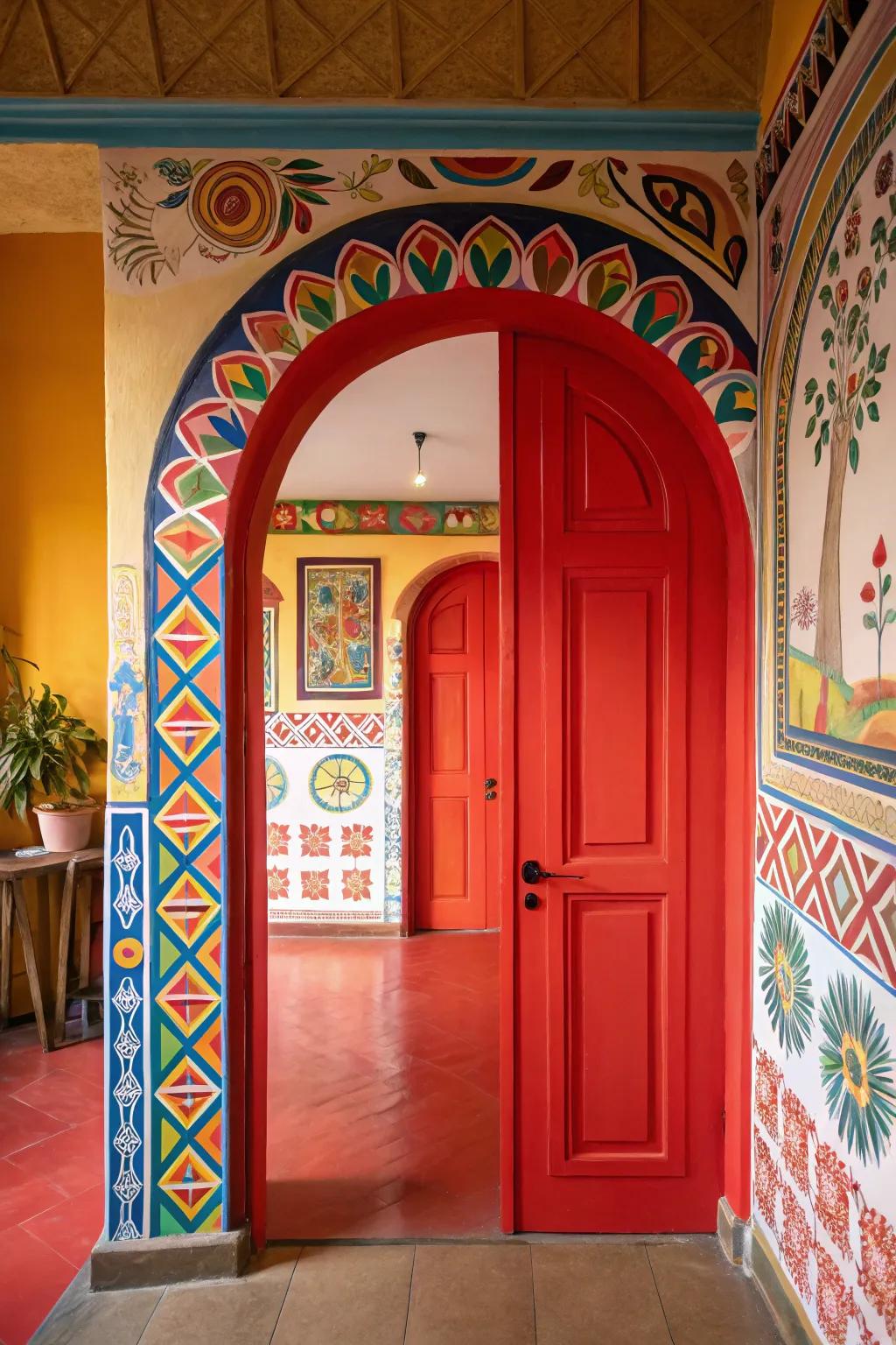 A bold-colored archway door serving as a striking focal point in a vibrant room.