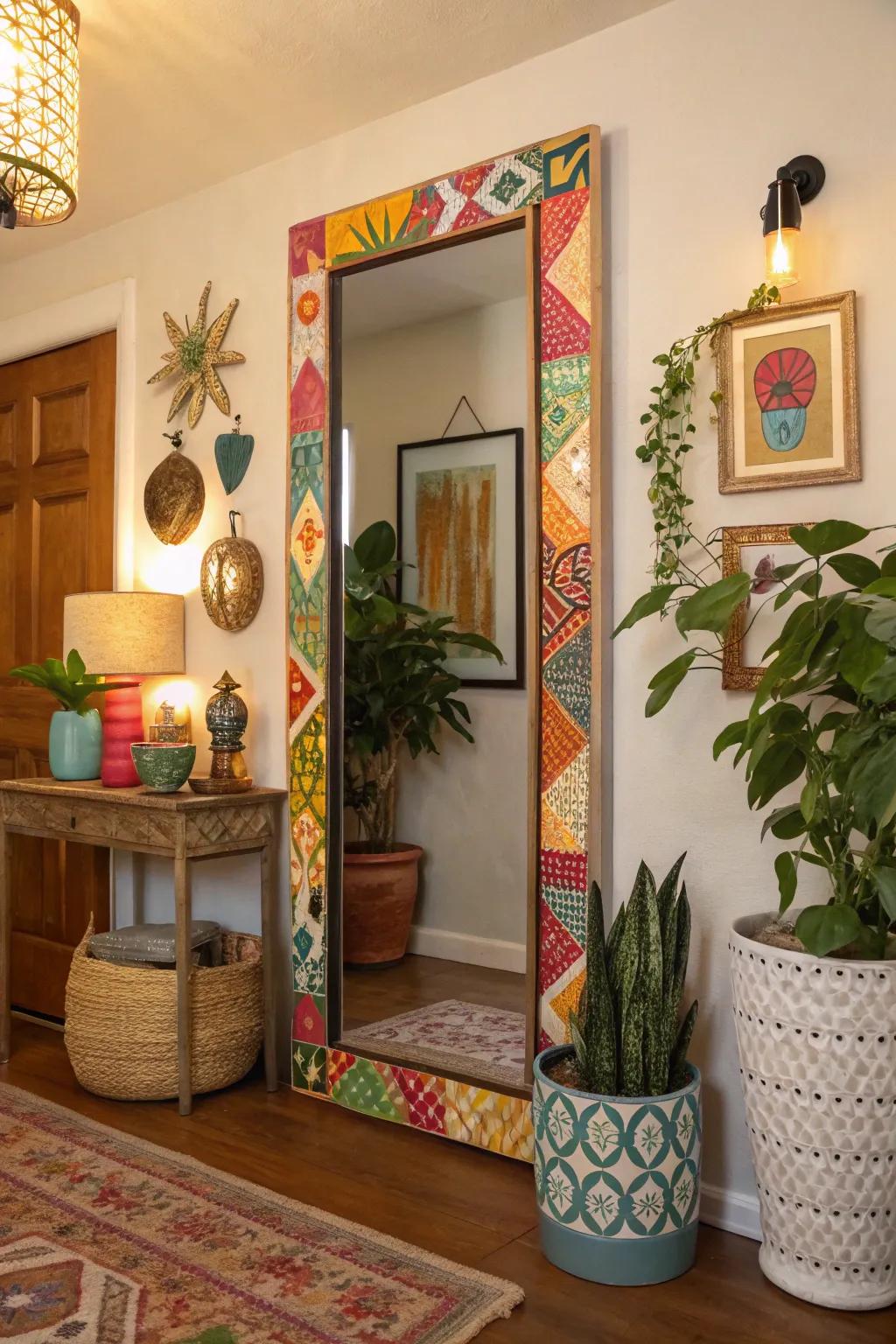 A thrifted mirror makeover introduces a splash of hue and personality to this entryway.