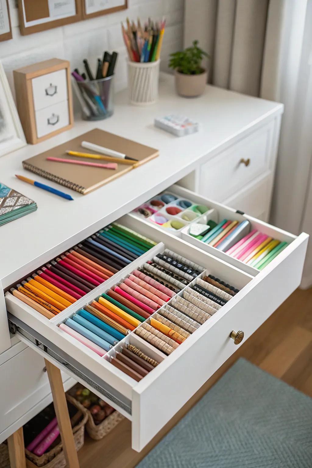 Under-table drawers offer hidden storage for your art supplies.