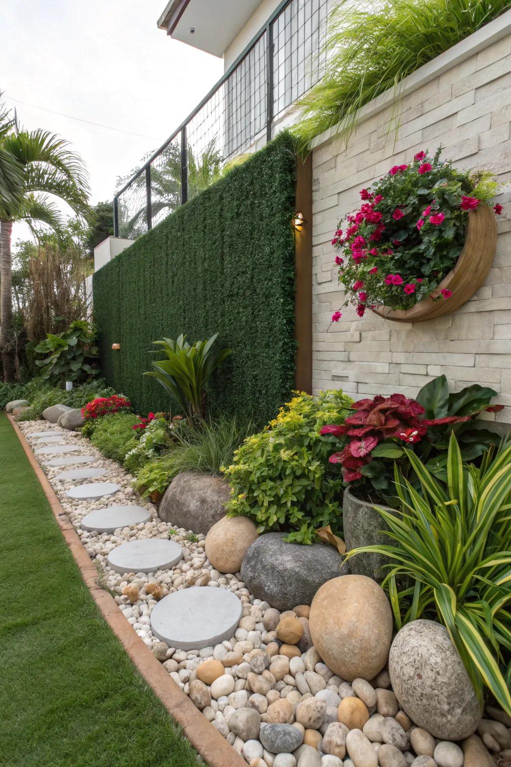 A garden enhanced with an artificial grass wall seamlessly integrated with real plants.