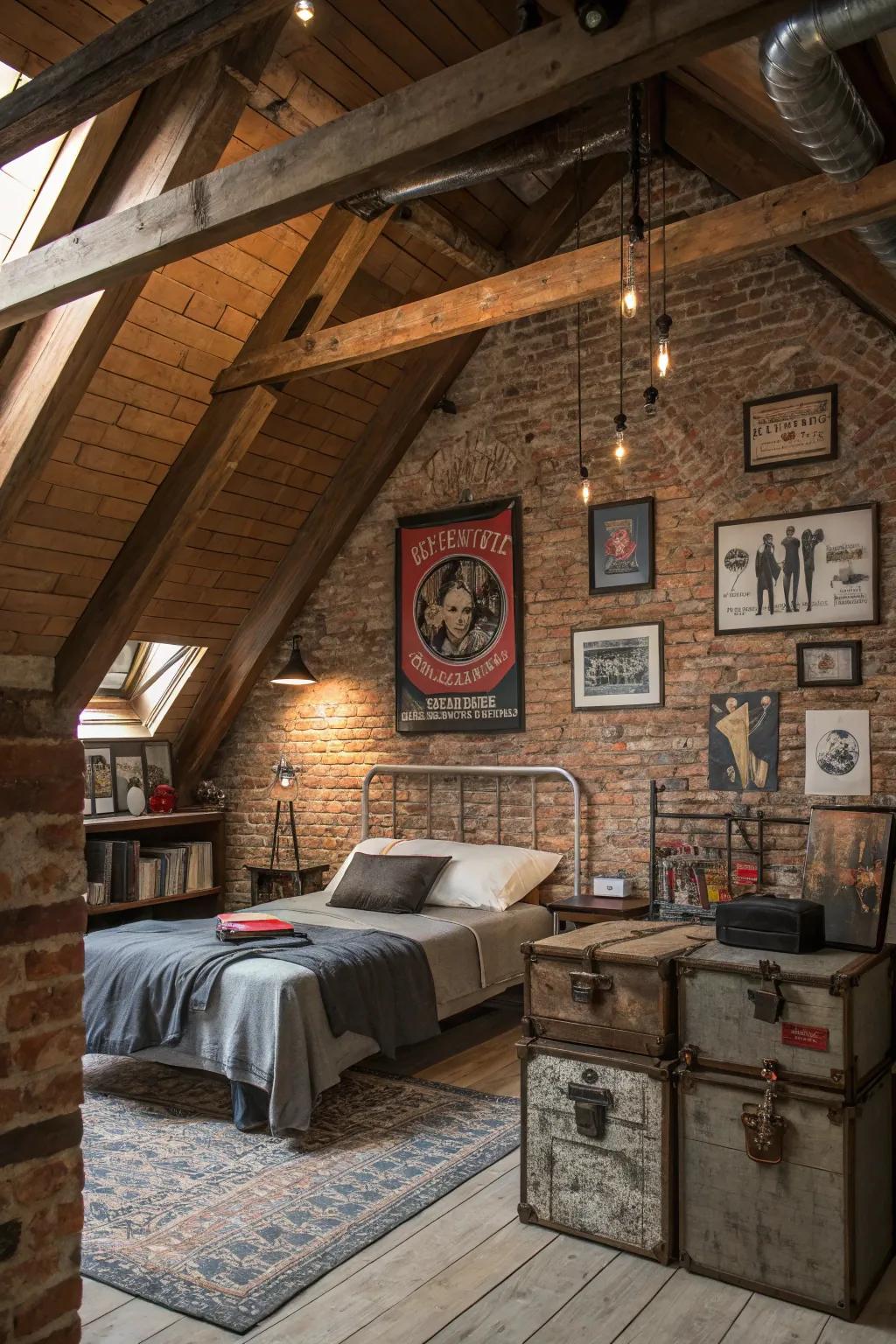 Exposed brick elements add texture and a modern flair to your attic area.