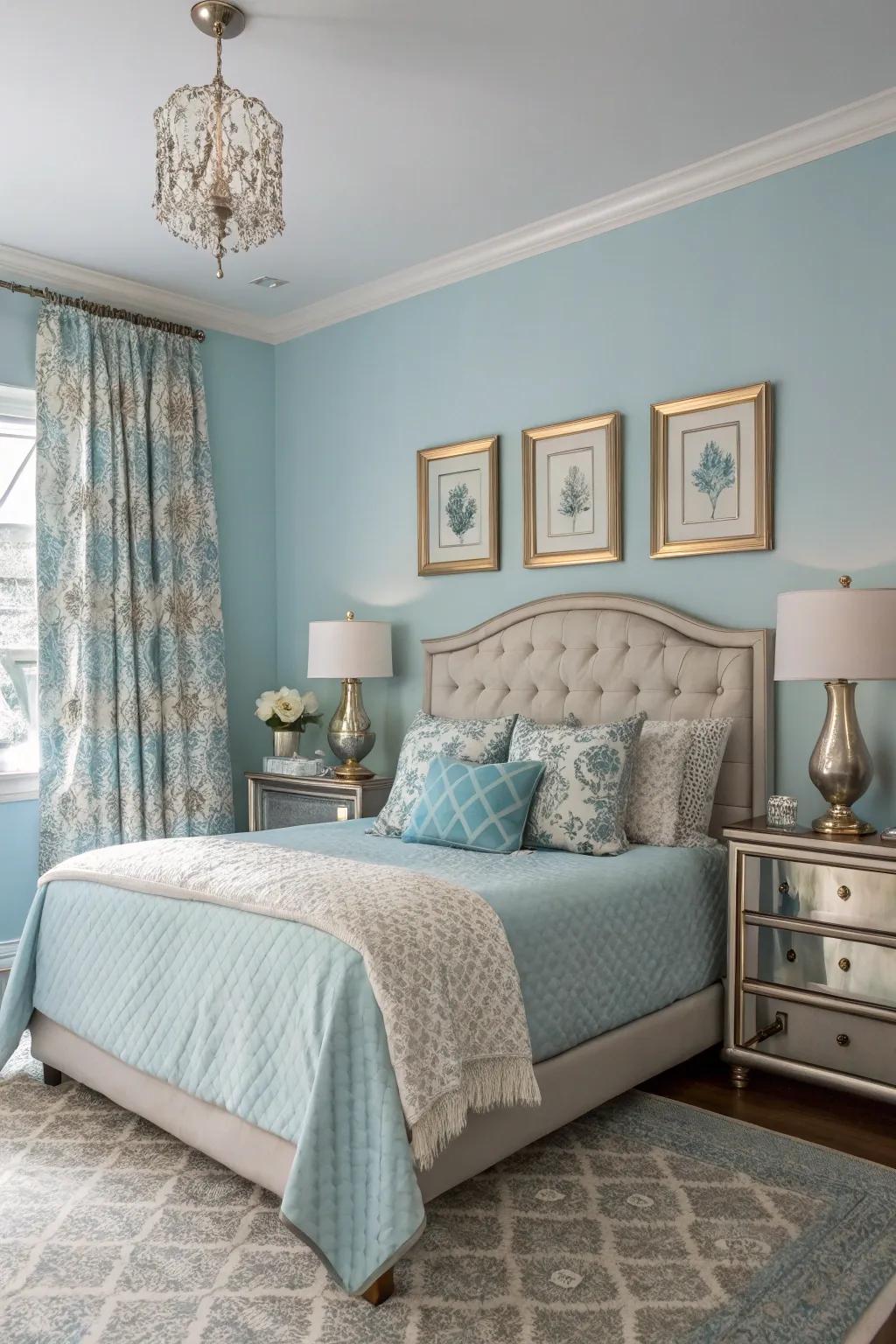 Metallic details elevate the beauty of a sky blue bedroom.