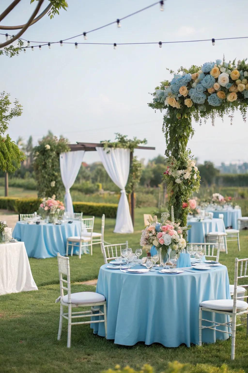 Open-air arrangements with sky aesthetic embrace nature's splendor.