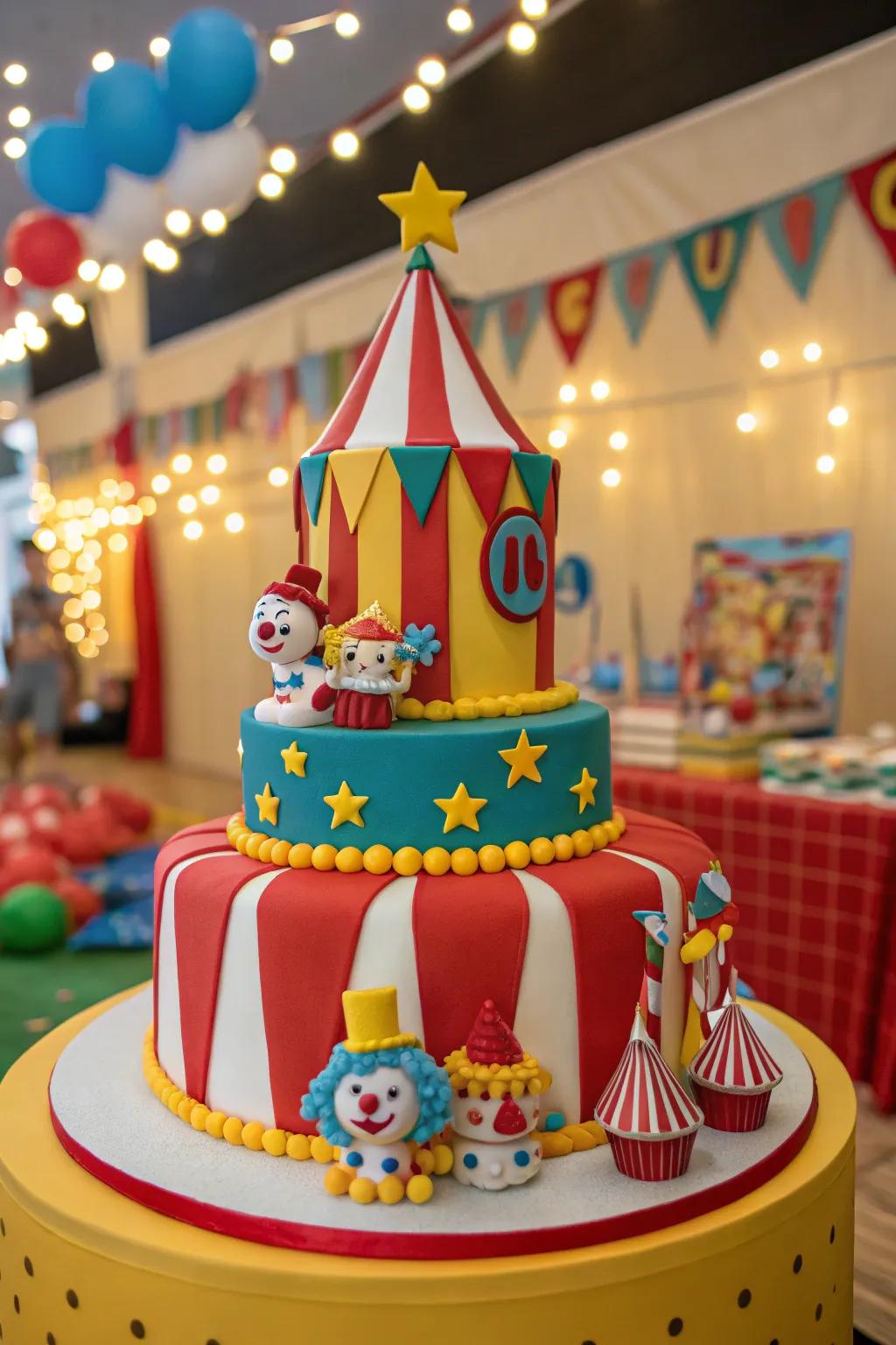 A circus-inspired cake featuring playful and colorful decorations.