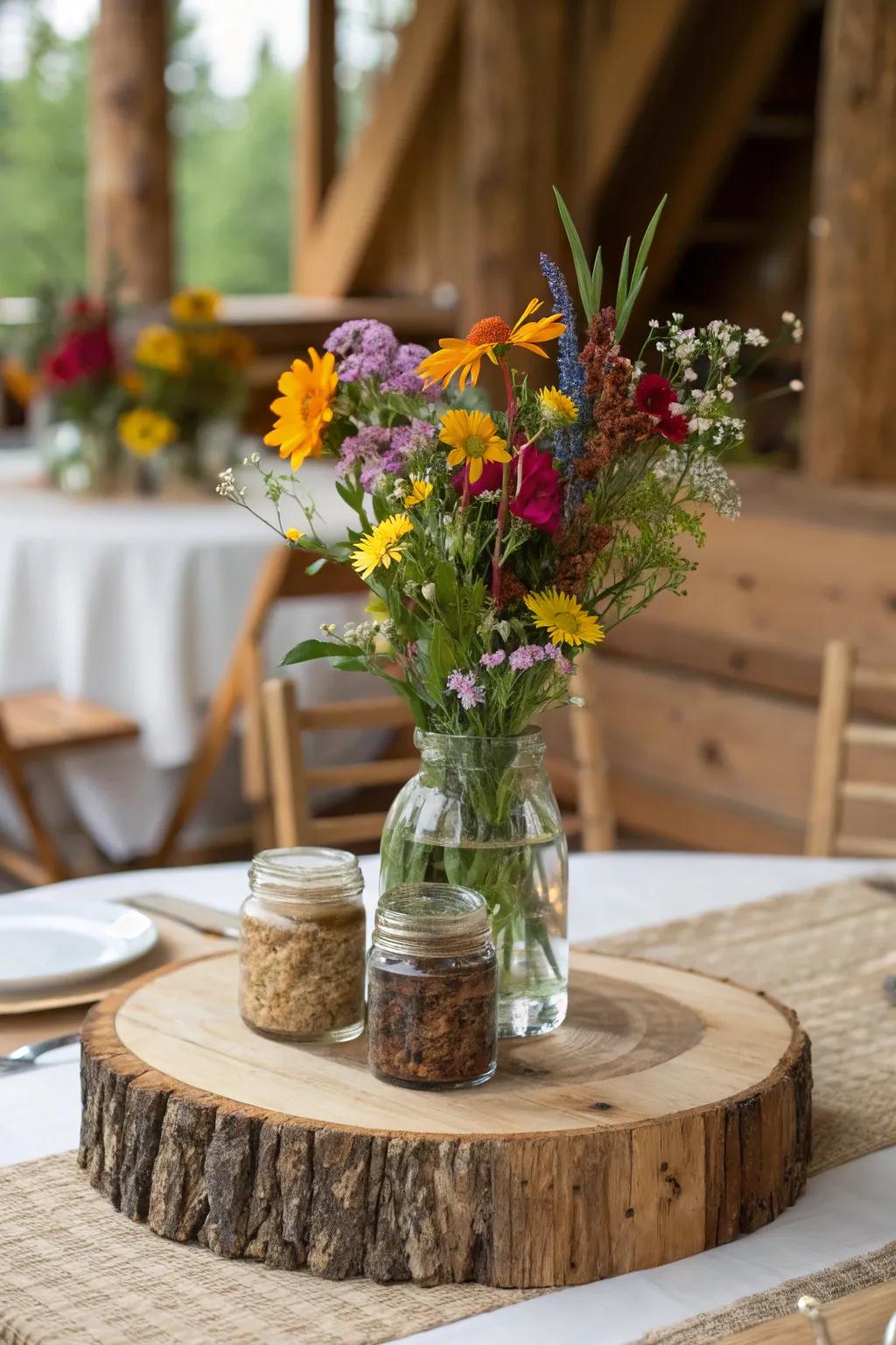 Country beauty centerpiece with timber accents.