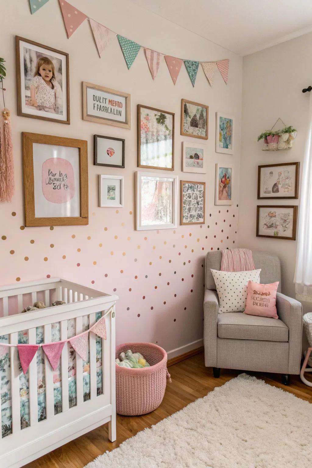 A gallery wall of memories adds a personal touch to the nursery.