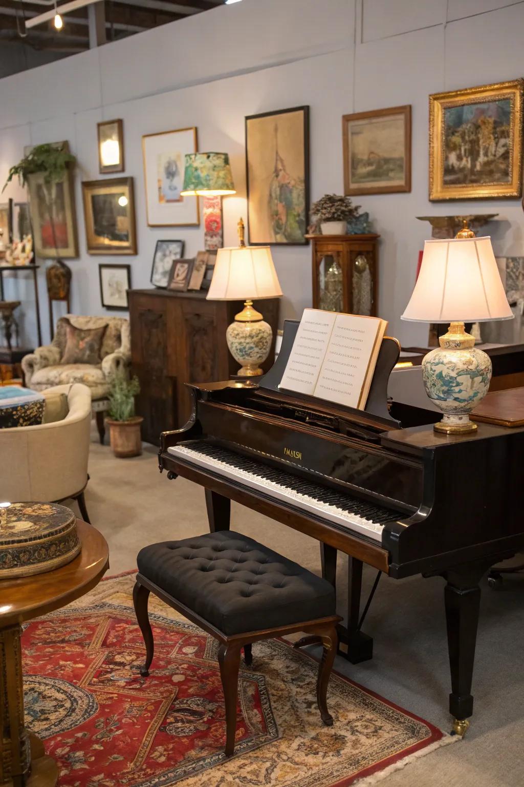 An eclectic amalgamation infuses a distinctive allure to the piano space.