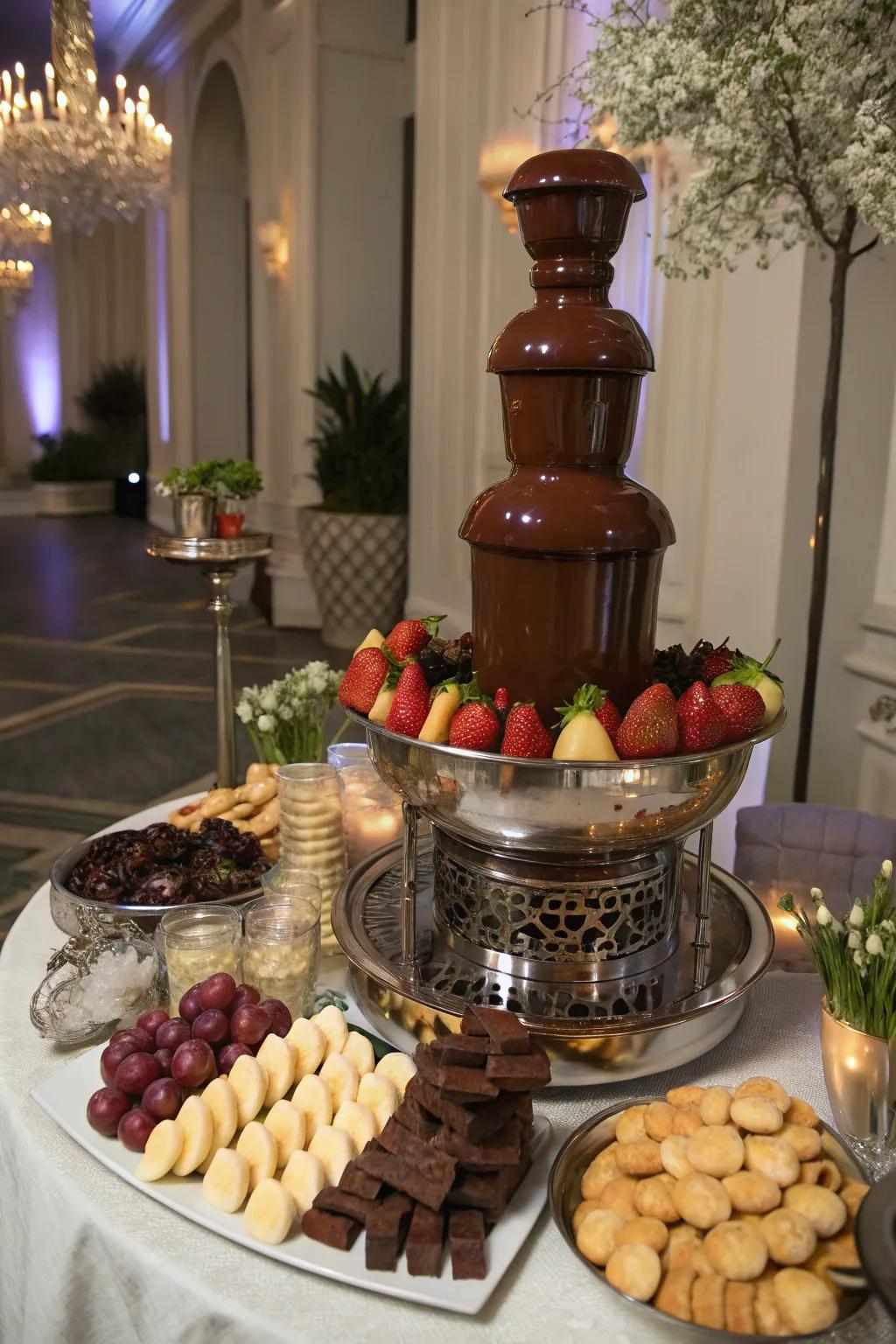 A chocolaty cascade featuring an assortment of dippables.