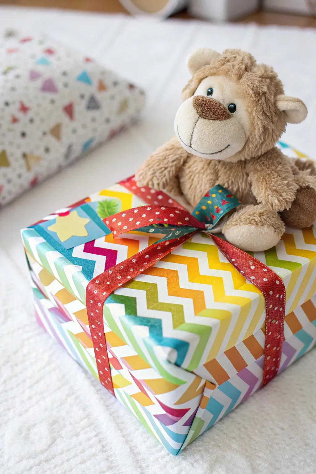 A playful plush toy topping a wrapped gift, adding charm and fun.