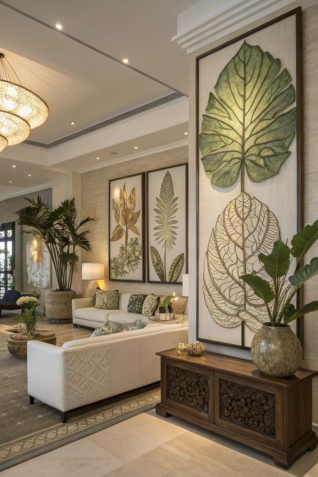 Nature-inspired artworks impart a fresh and calming atmosphere.