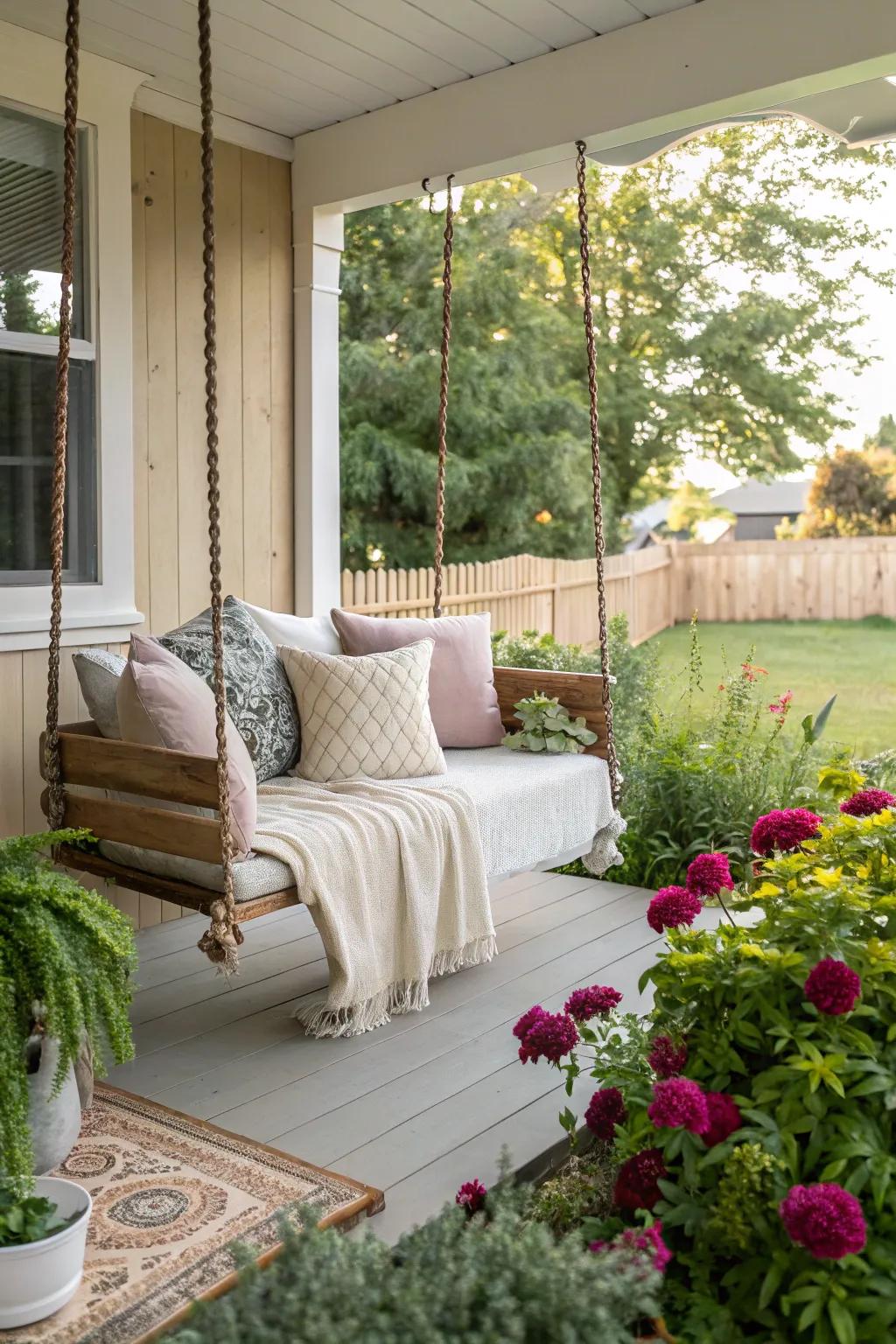 Swing toward relaxation through a snug porch swinger.