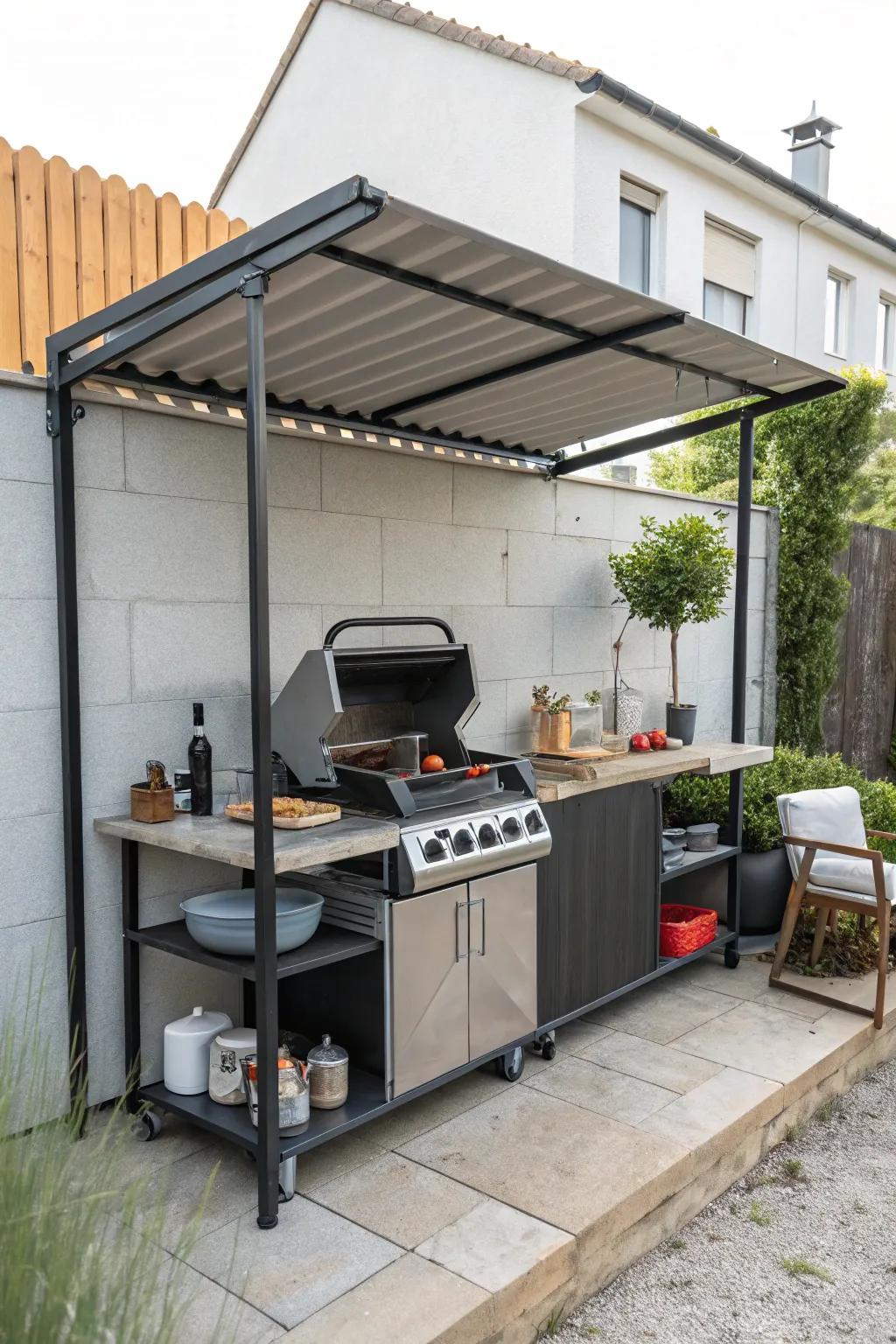 A miniature canopy furnishes pinpointed protection for grilling in petite areas.