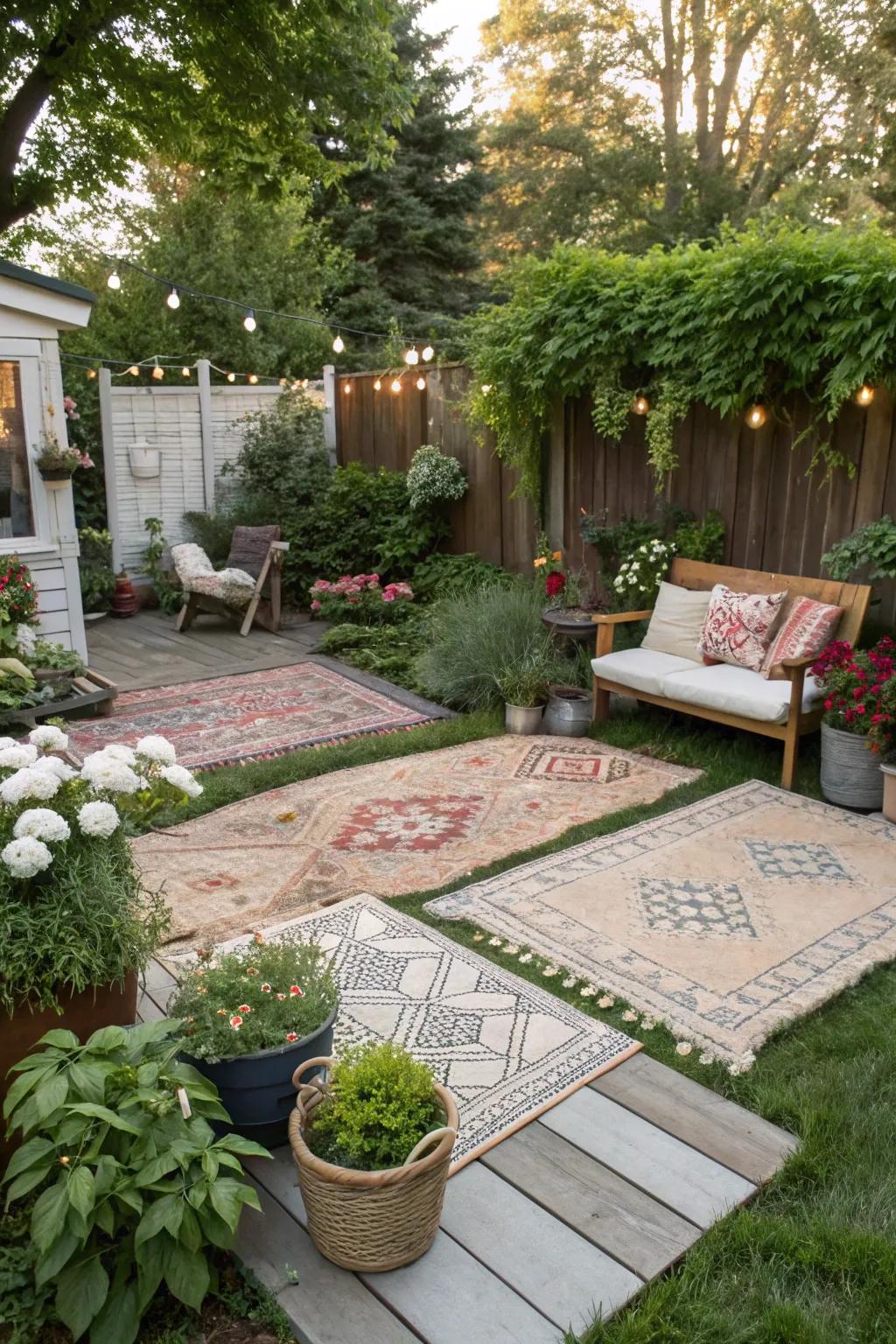 Outdoor rugs offer texture and clarify spots in the garden.