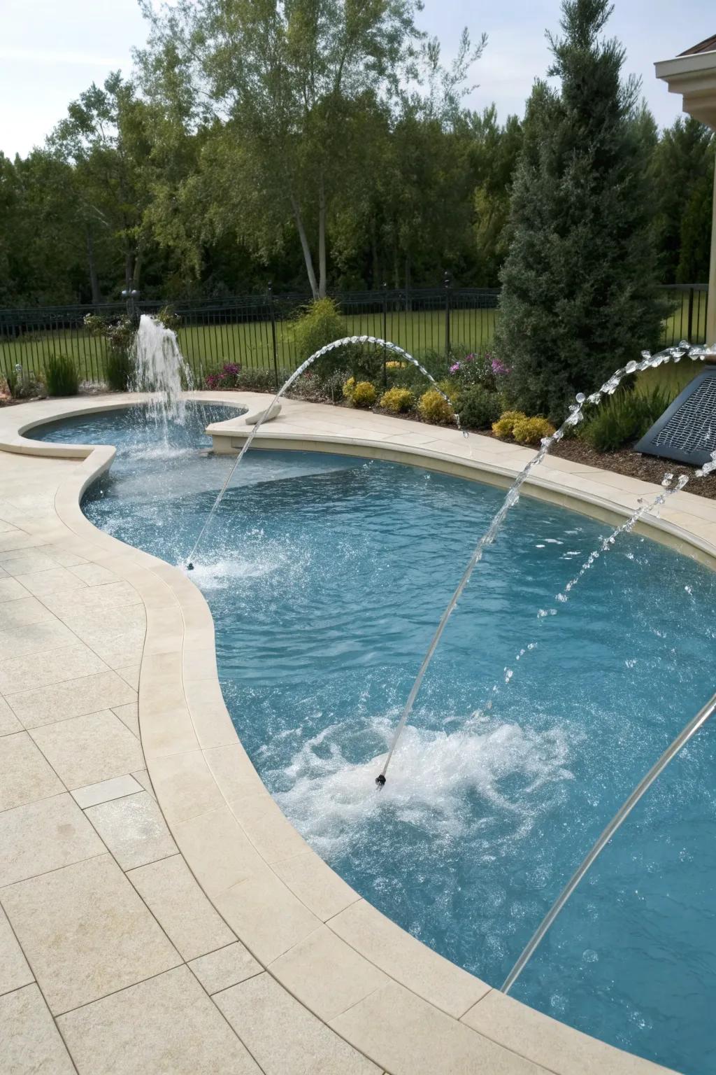 Deck spouts add dynamic elegance to the pool area.
