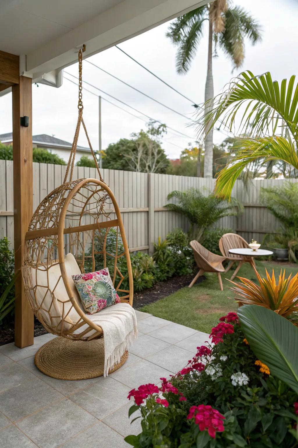 A swinging chair offering a playful touch to an outdoor space.