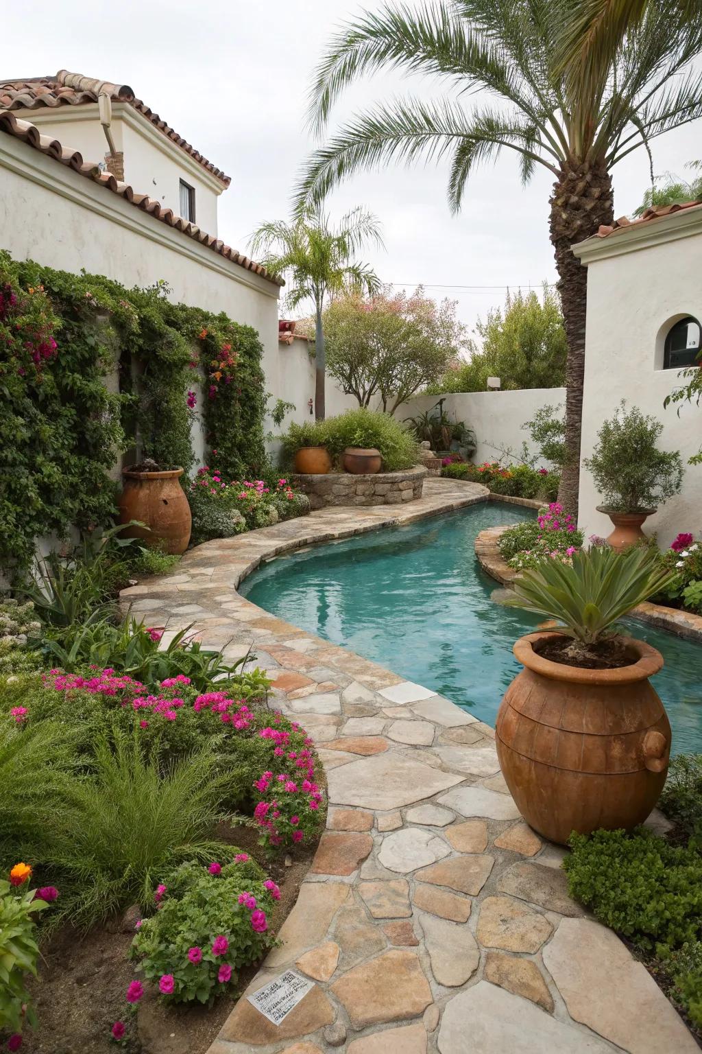 A Mediterranean-themed meandering pool with olive trees and lavender.