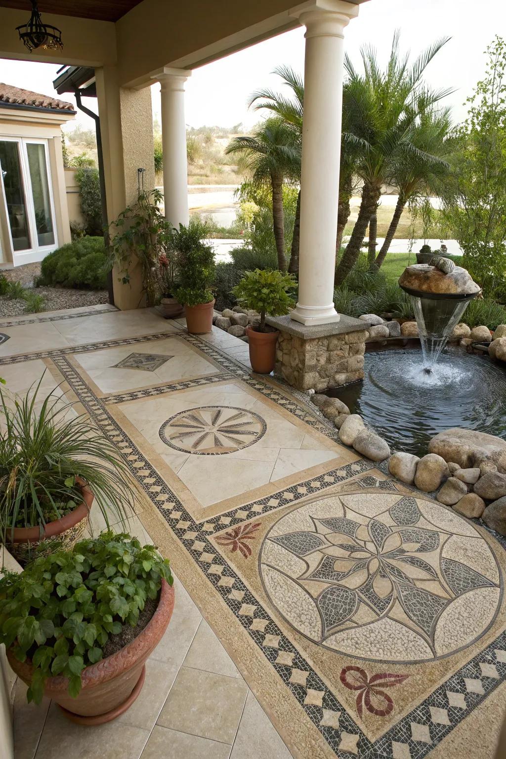 Stone mosaics turn patios into artistic outdoor havens.