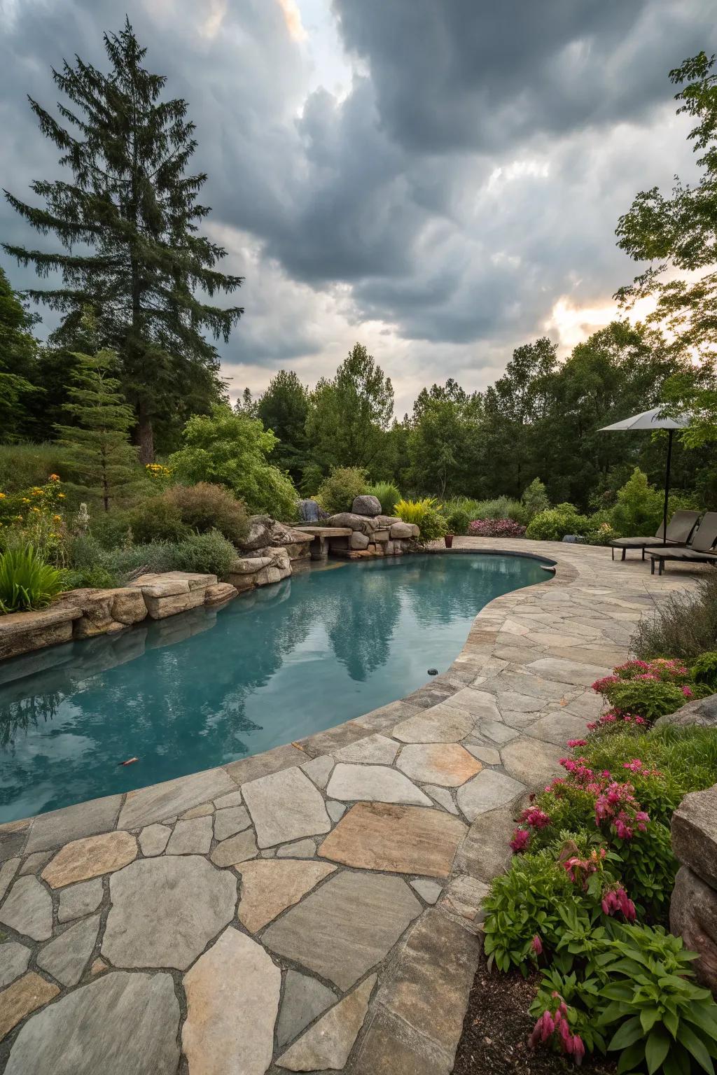 A pool setting improved with natural stone features.