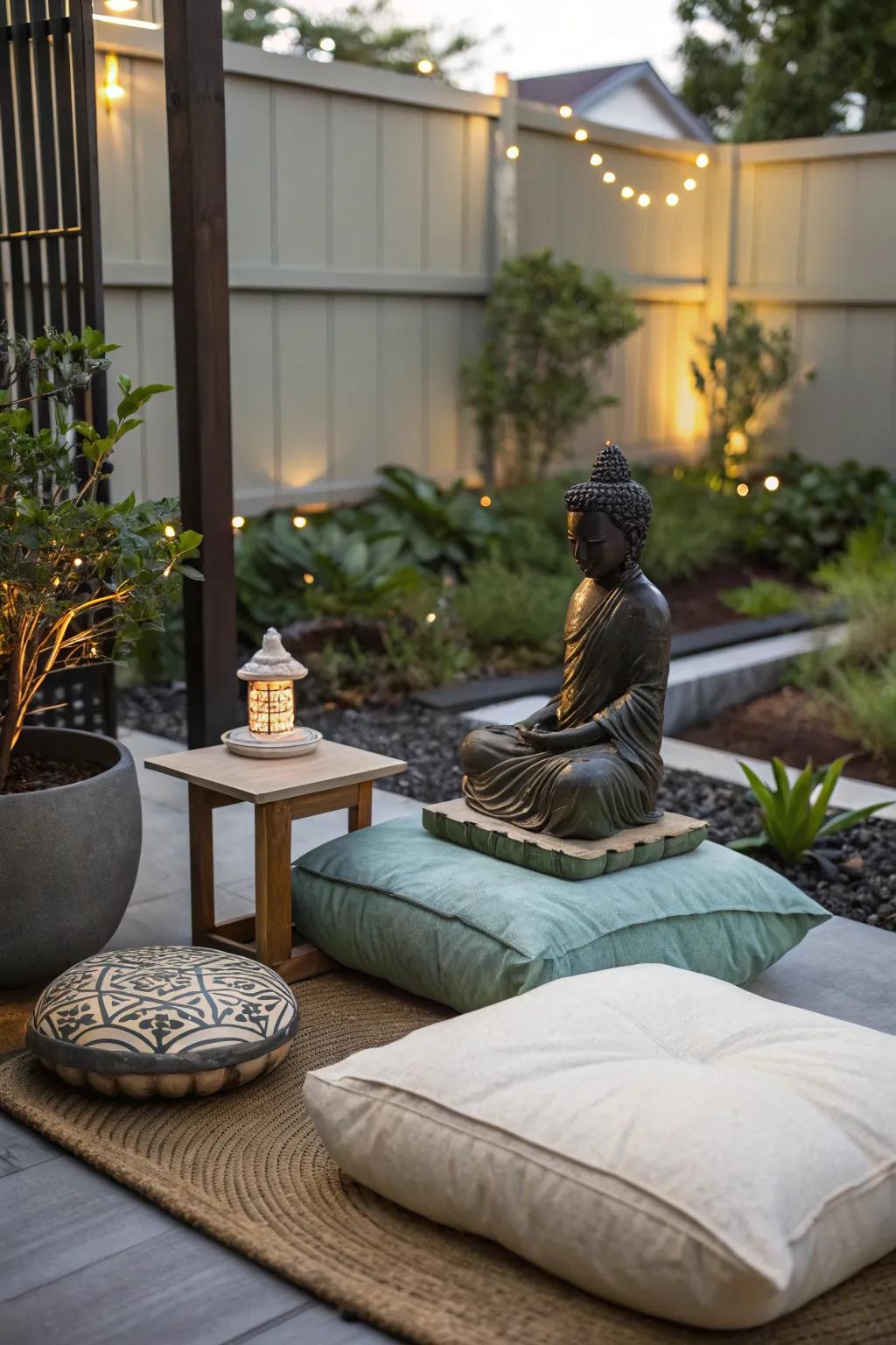 A meditation nook extends a restful refuge for introspection.