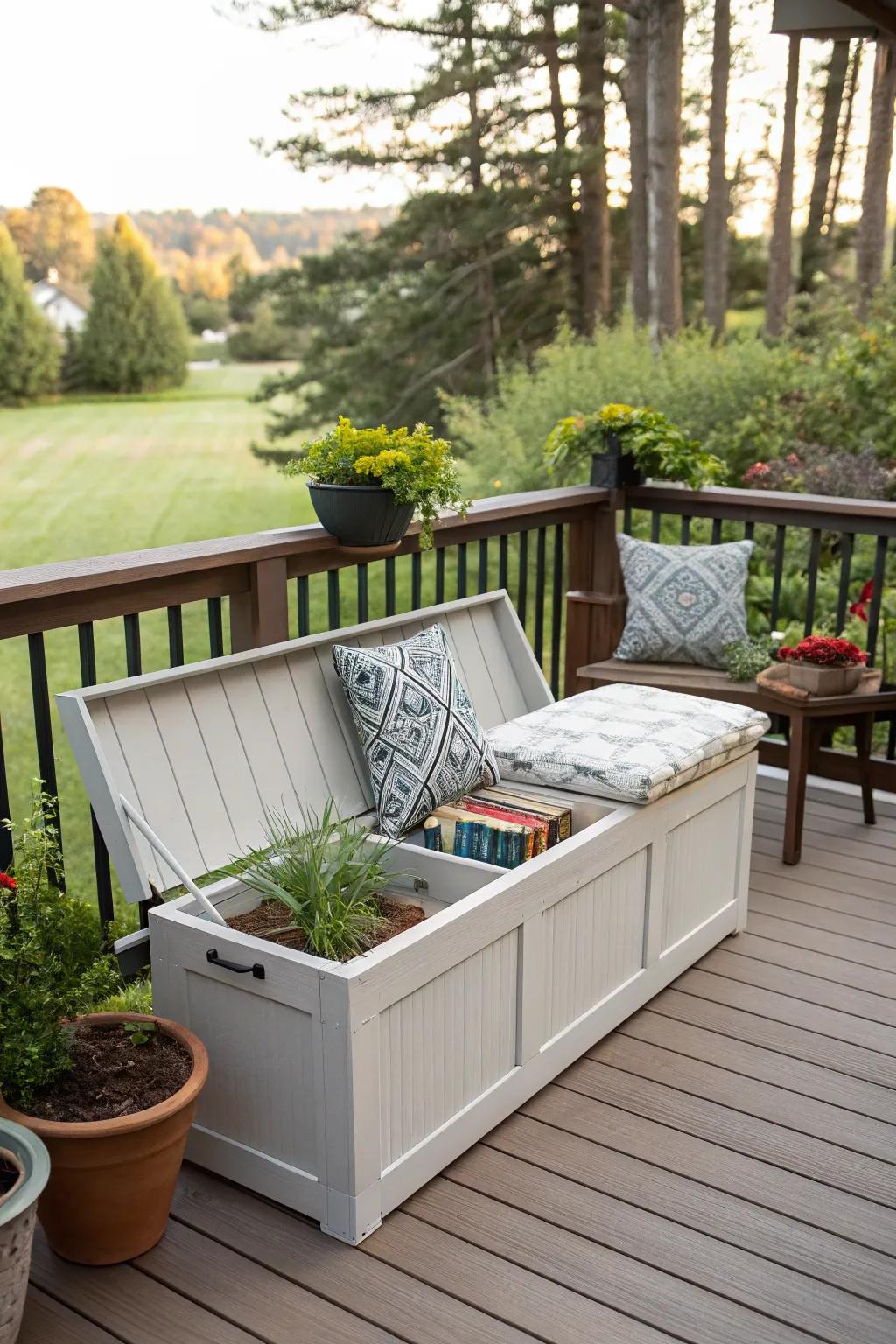 Storage solutions assist in preserving the organization and tidiness of your deck.