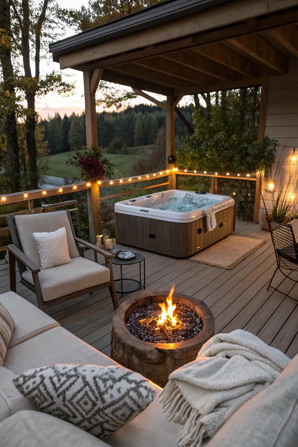 A fire pit brings warmth and a point of convergence for unwinding and mingling.