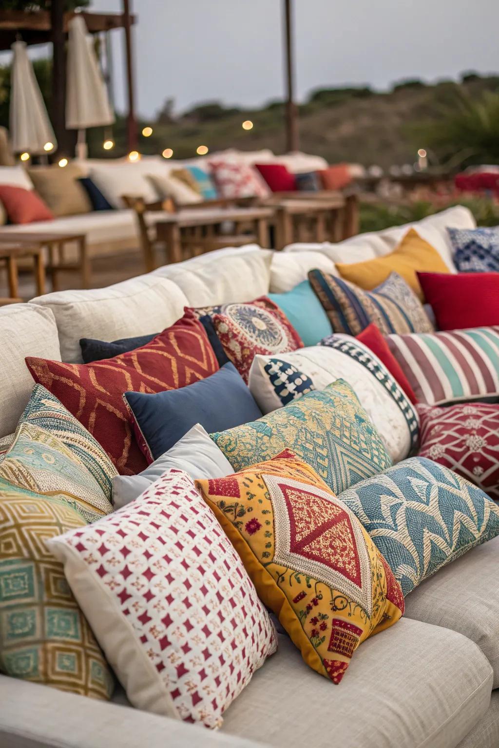 A sofa overwhelmed by an excessive quantity of ornamental accent cushions.