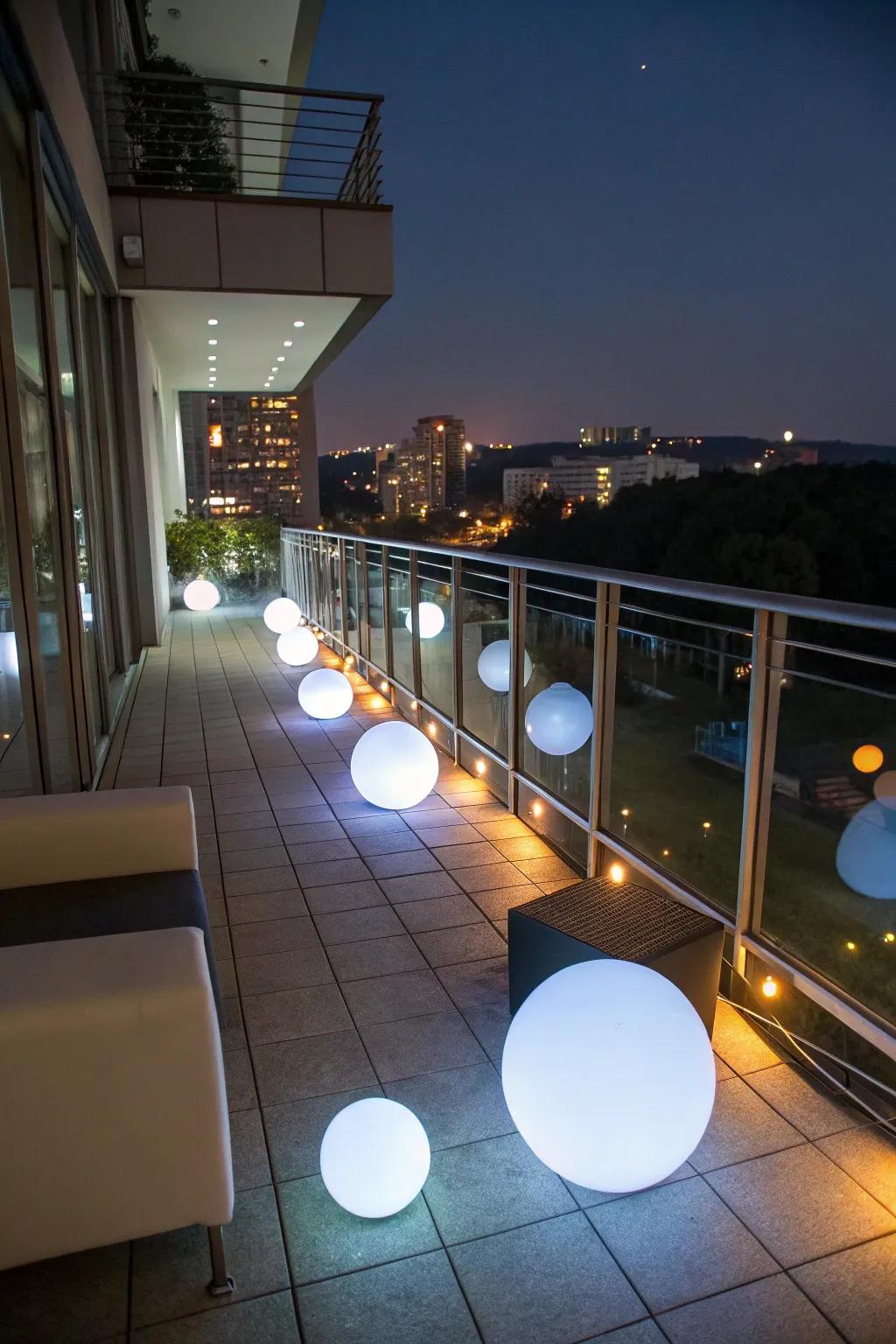 Radiant spheres bring a modern and unique style to balcony lighting.