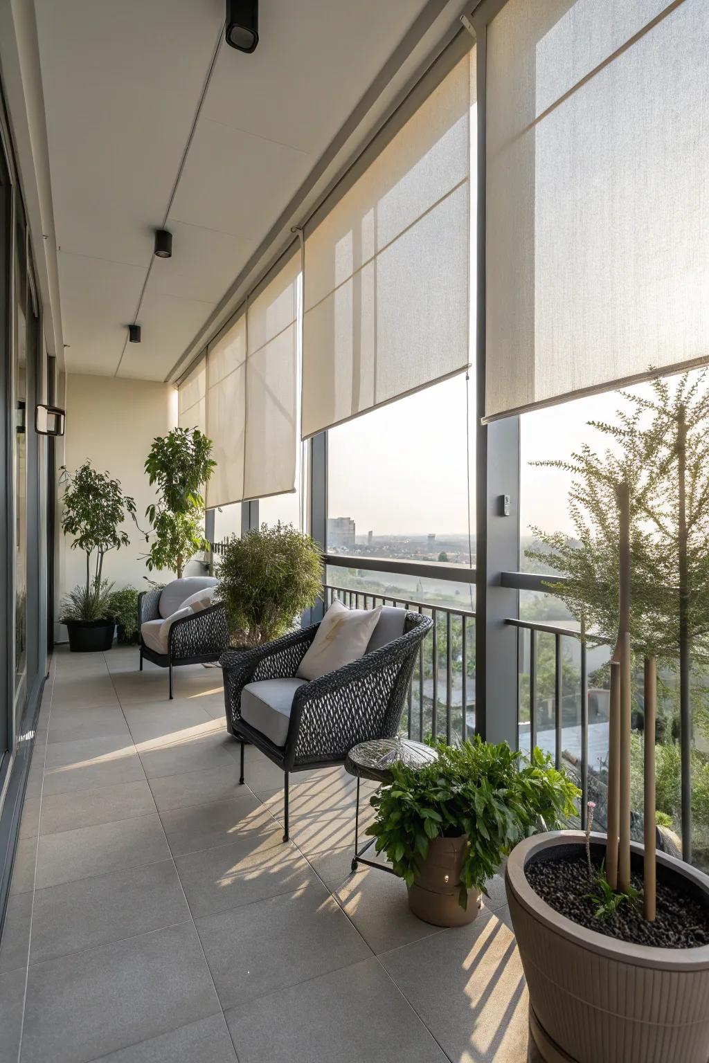Modern roller shades offering adjustable shade on a balcony.