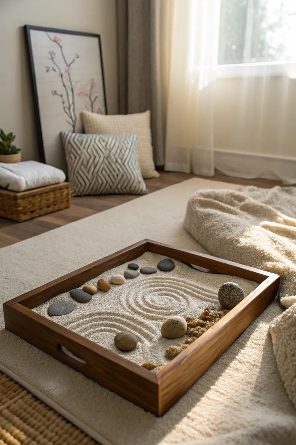 A Zen garden nook offers a serene escape.