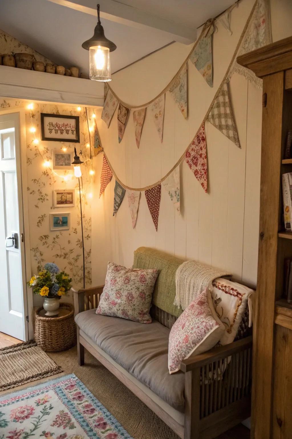 Vintage fabric banners exude rustic warmth and charm.