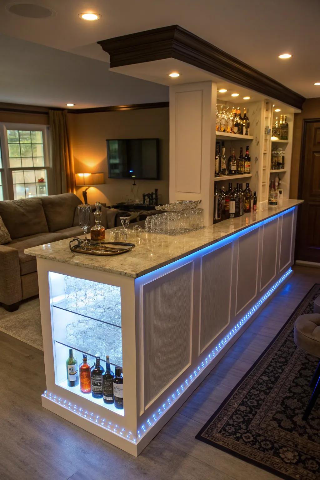 Under-bar accent lighting brings an elegant radiance to the bar.
