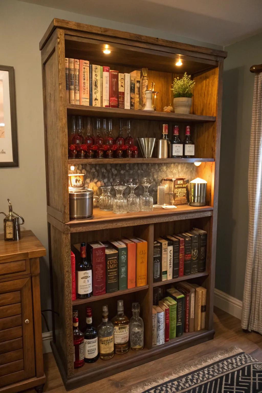Repurpose bookcases into unique bar racks.