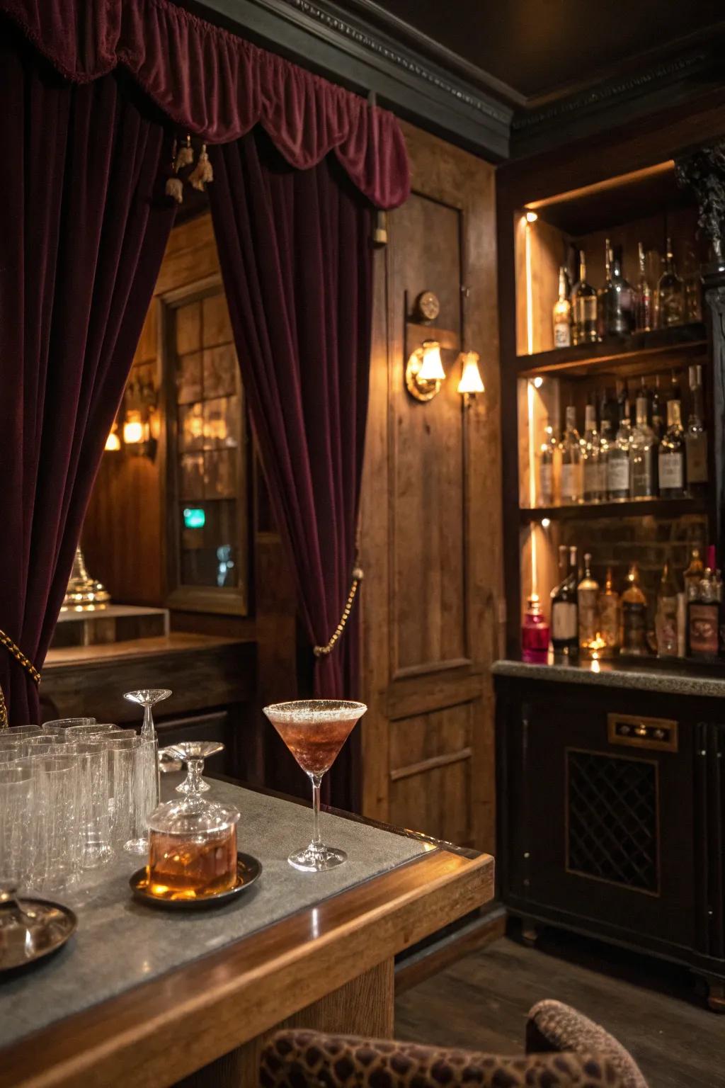 Speakeasy hideout adds intrigue with hidden entrances and old-fashioned style.
