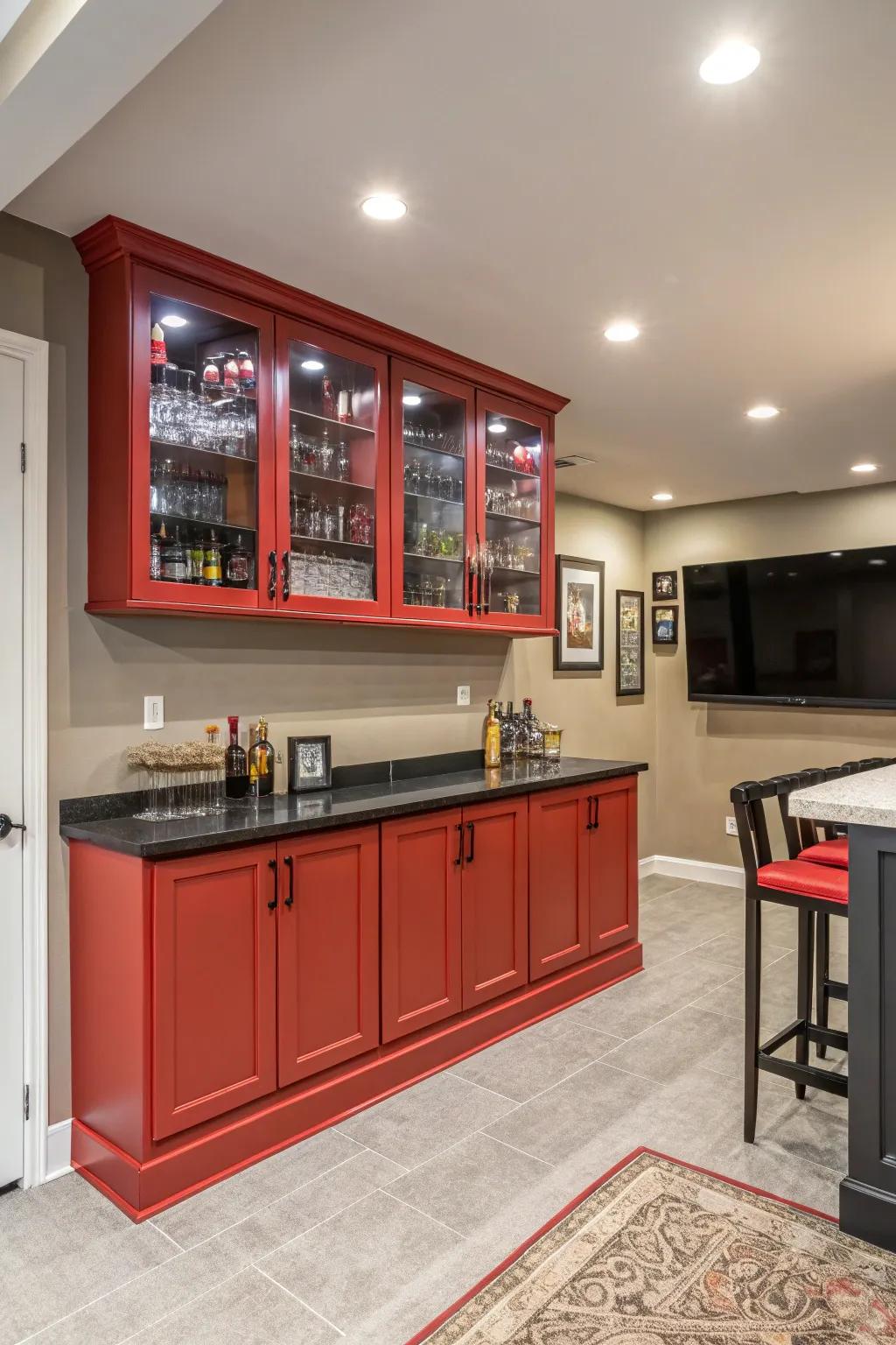 Striking cupboards add a splash of color and personality to your bar space.