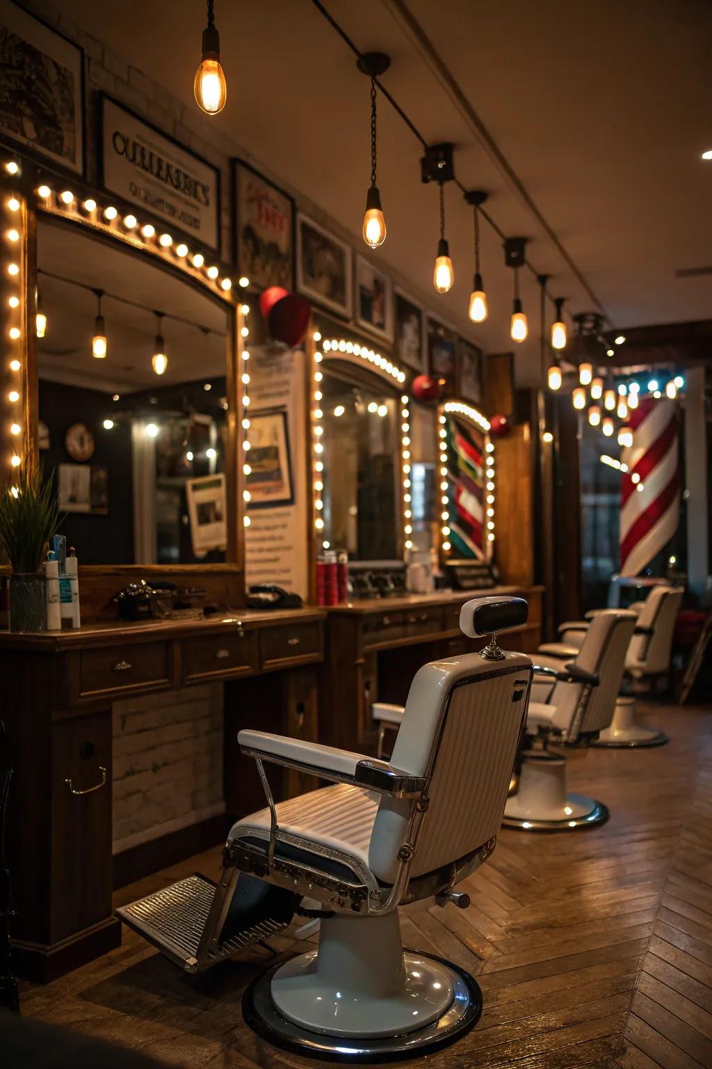 Concealed illumination fashioning a mysterious and inviting atmosphere within a barbershop.