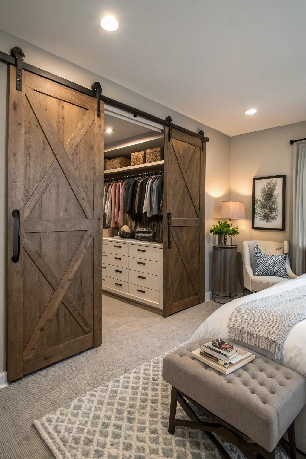 Sliding barn doors offer a space-saving solution for this chic bedroom closet.