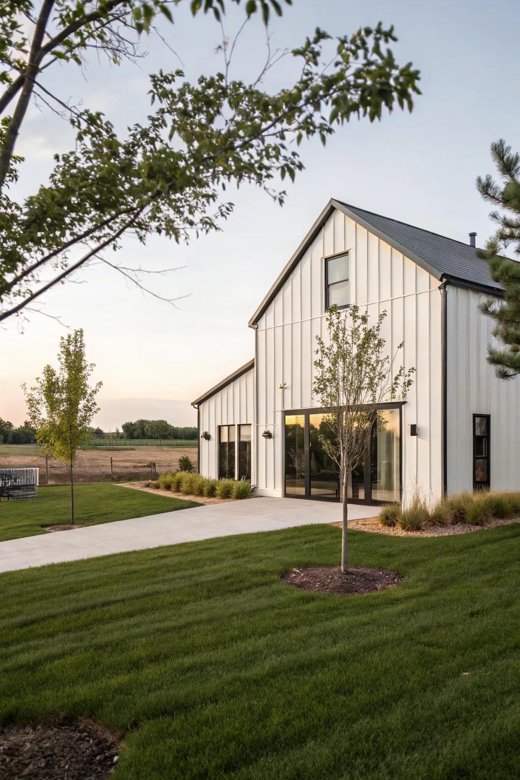 A barn is fitted with shiplap siding, combining modernity with tradition.