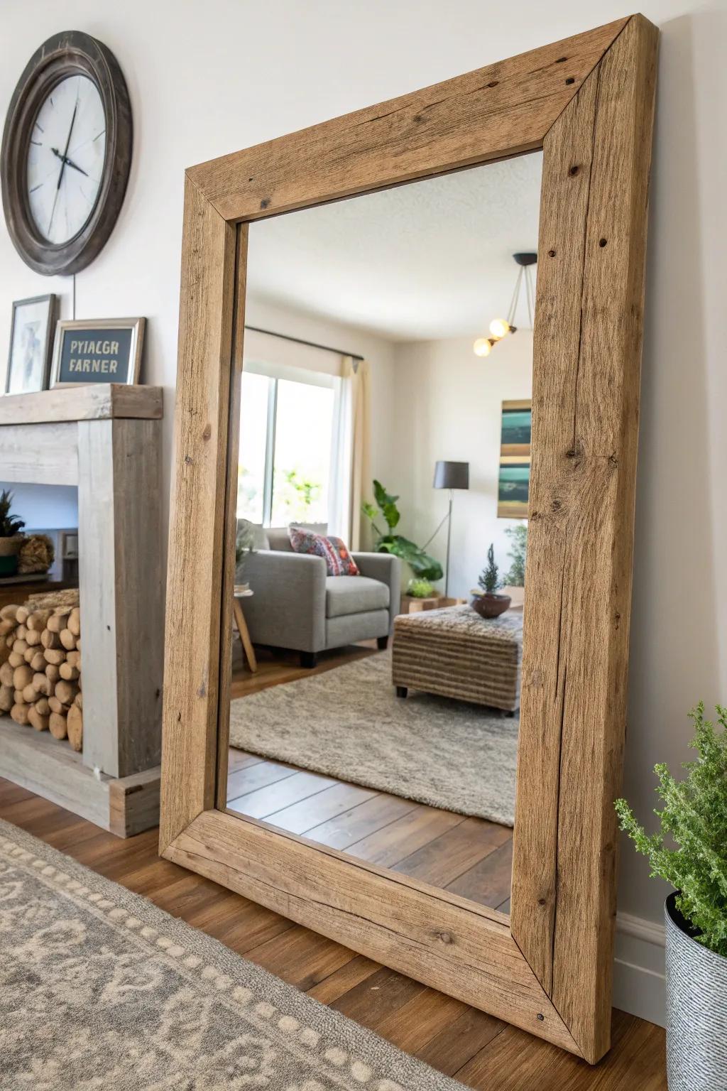 Reclaimed wood frame featuring a reflection for added elegance.