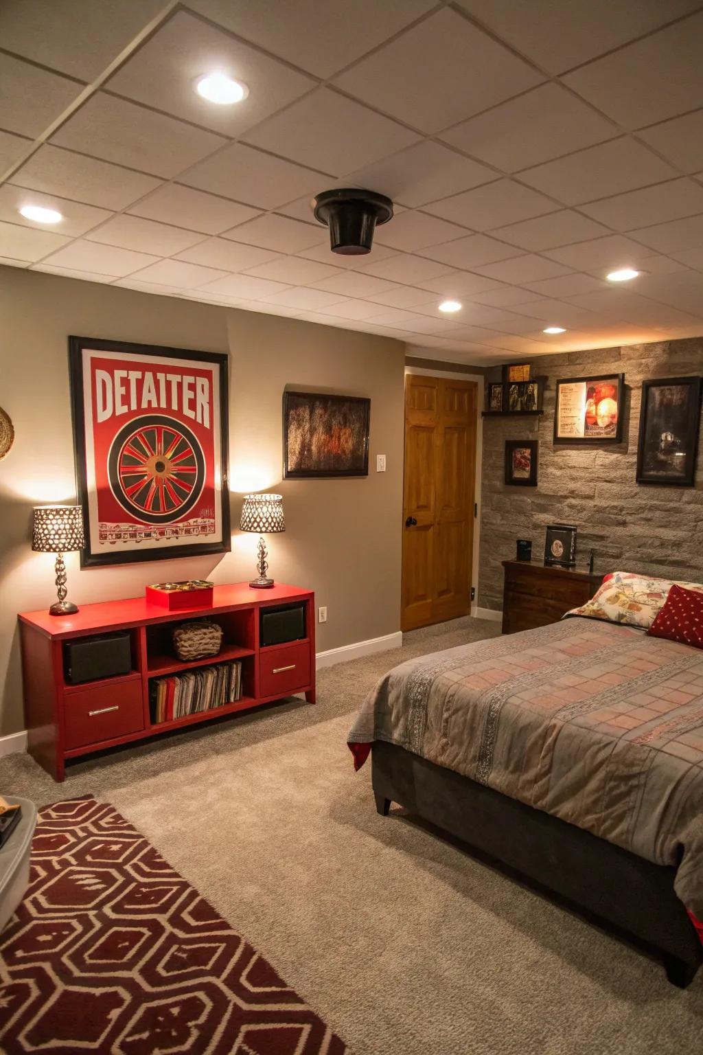 Defining pieces can inject personality and focus into a basement bedroom.