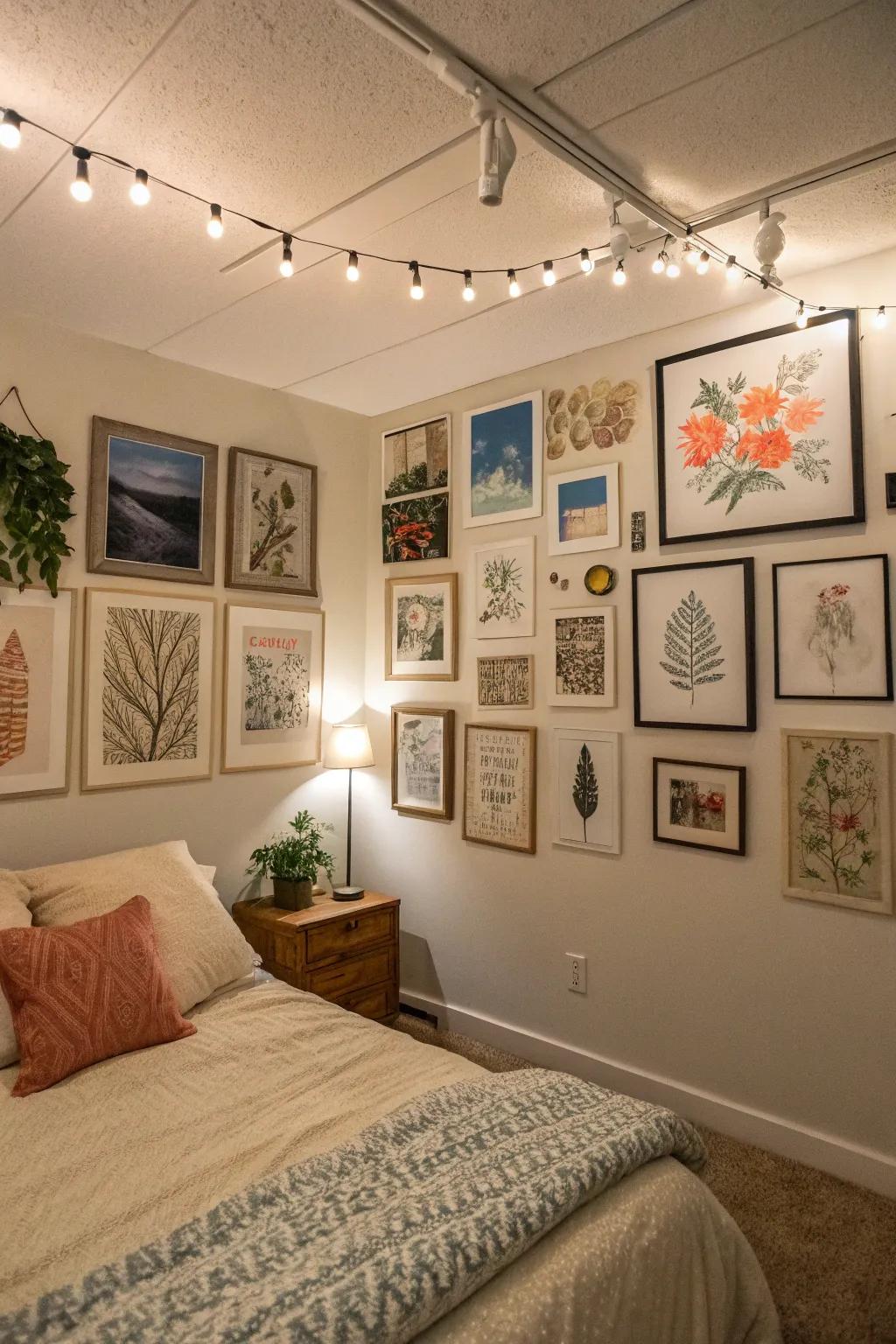 A feature wall with artwork adds personality to this basement bedroom.