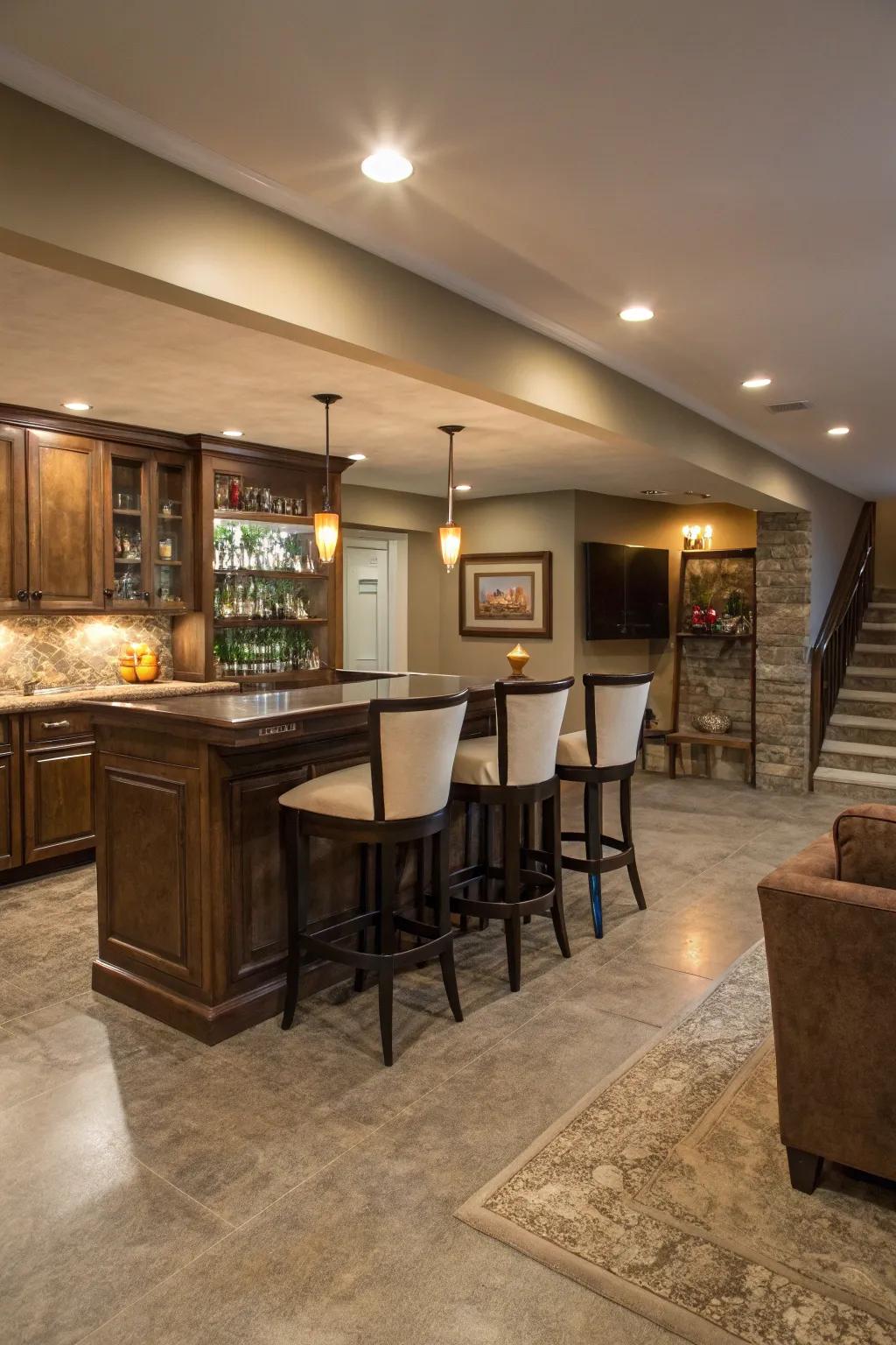 Concrete floors provide a chic foundation for a sophisticated home bar setup.