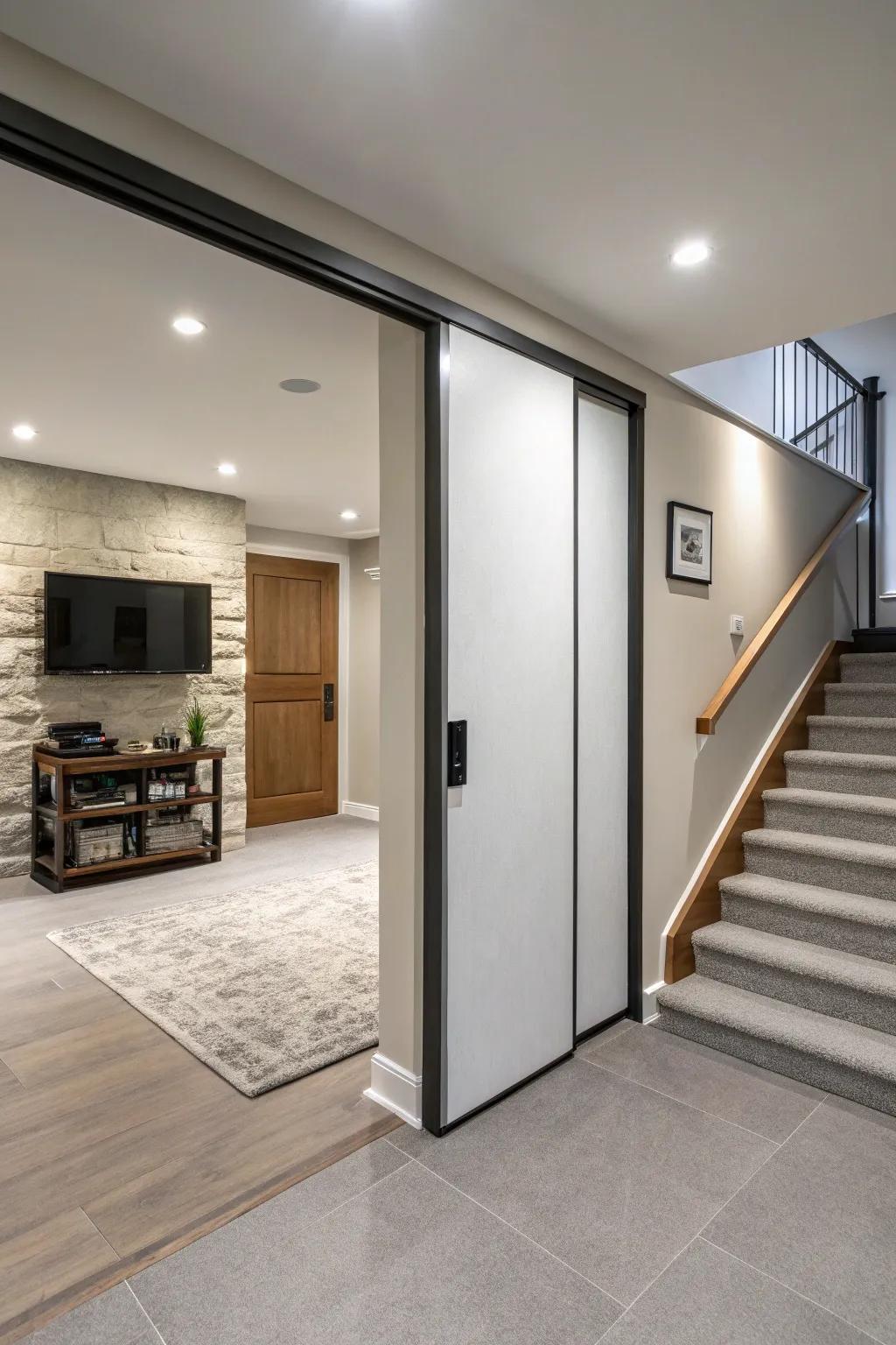 A sliding pocket door maximizes space and sustains a sleek design in the basement.