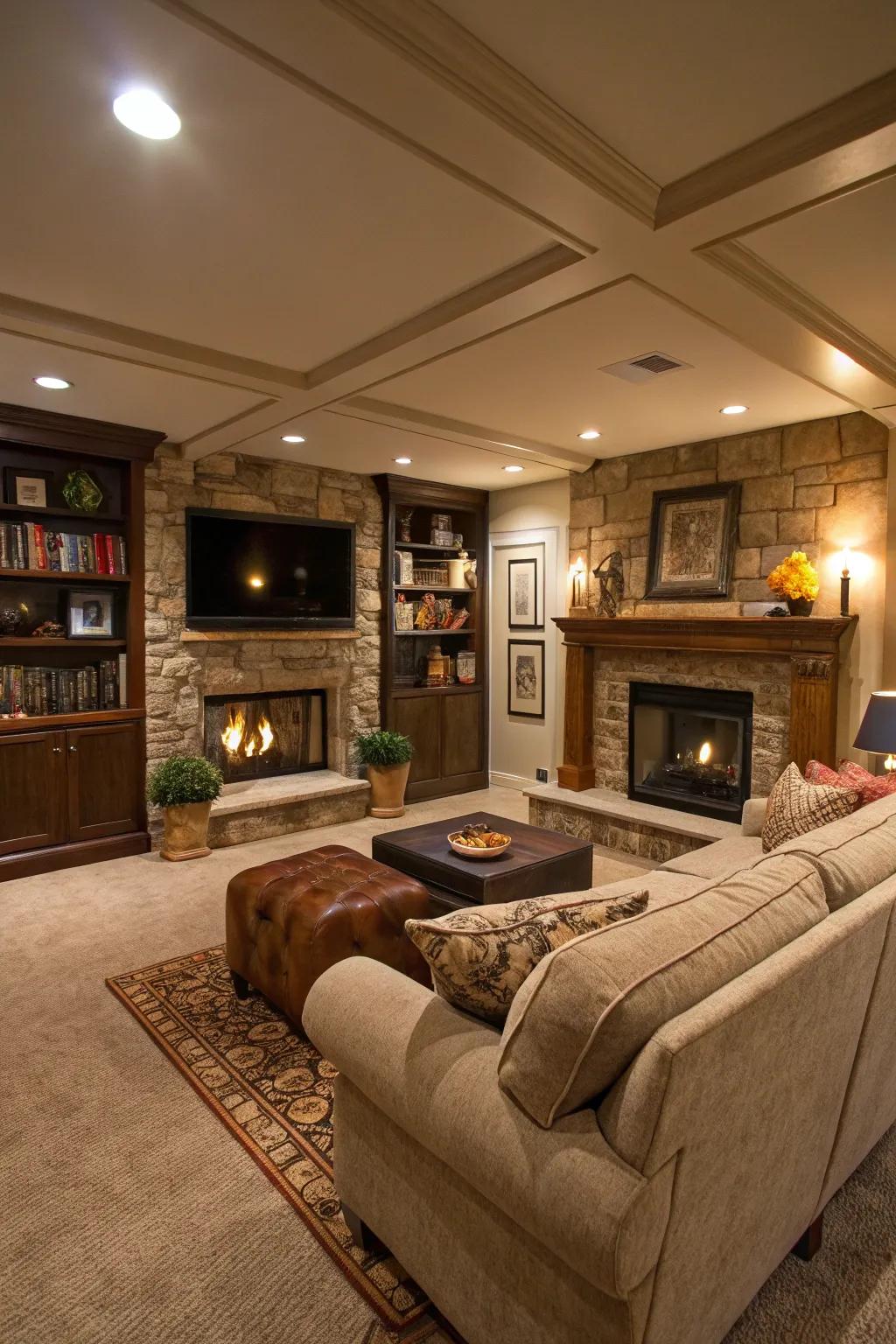 A fireplace brings warmth and serves as a beautiful focal point in this basement.