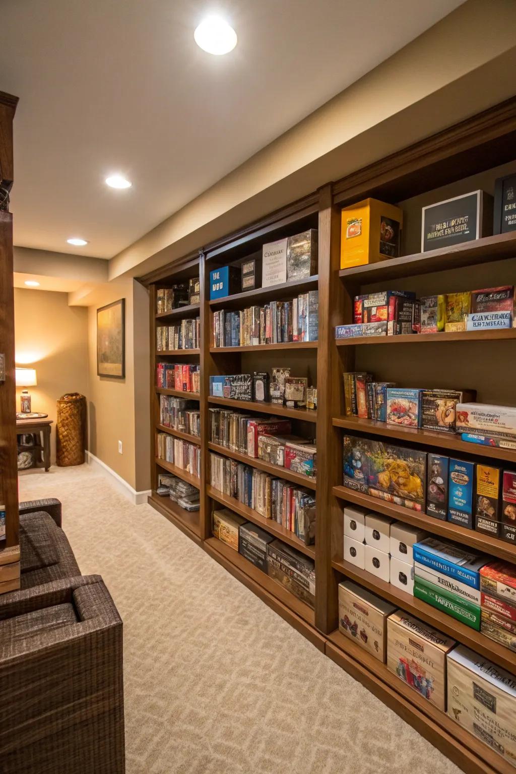 A board game display fuses storage with sophistication.
