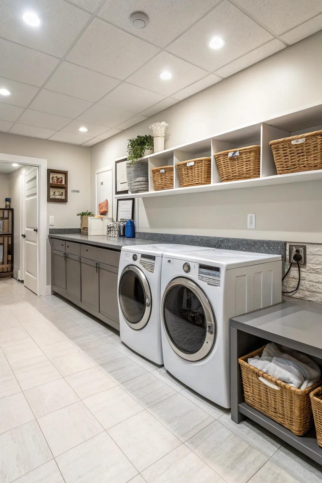 A functional laundry chamber is apparent in the basement, equipped with modern appliances and storage.