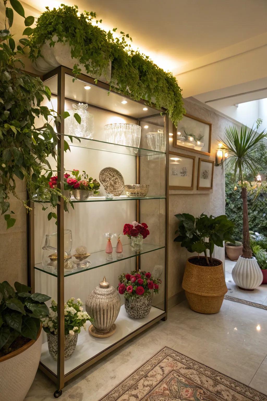 Transparent shelving introduces an elegant and airy ambiance to any basement space.