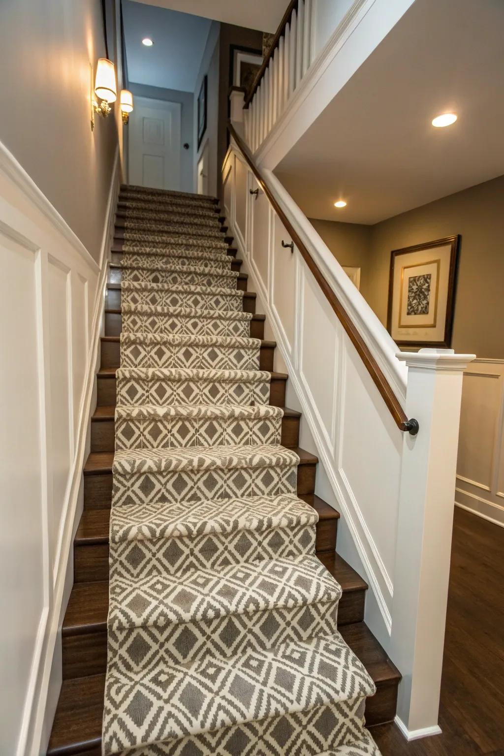 A patterned stair carpet appends vogue and protection.