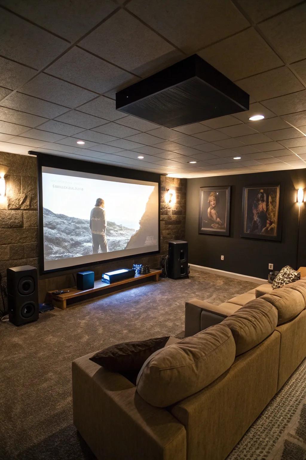 A basement setup with a sprawling projector display, ideal for immersive cinematic evenings.