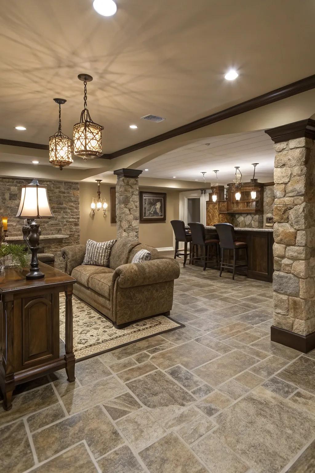 Vinyl flooring that looks like stone offers ageless elegance.